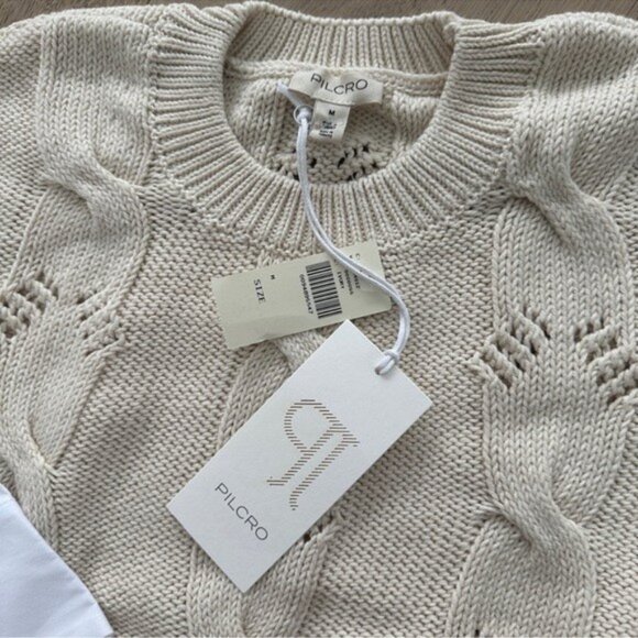 NWT Size M (P2P 24") - Anthropologie 100% cotton cable knit twofer Sweater Ivory - Picture 6 of 8